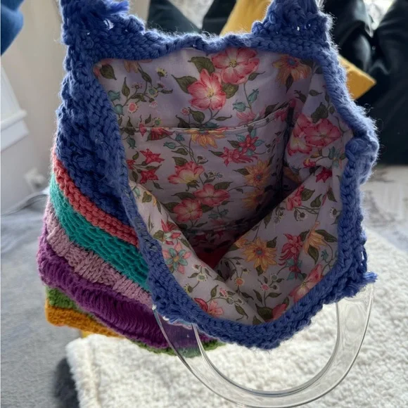Colorful Striped Knit Handbag with Clear Handle - Picture 4 of 8